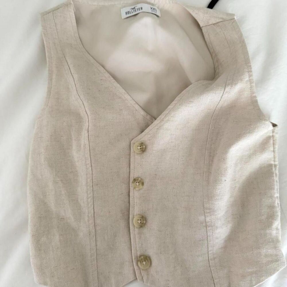 Hollister Linen Blend Button Front Vest Beige XXS